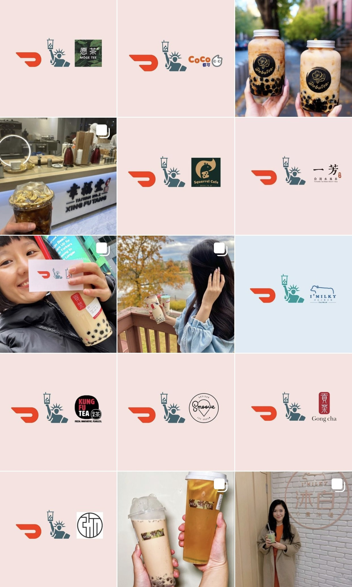Bubble Tea Challenge campaign social feed grid: DoorDash posts paired with participating bubble tea shops, including Moge Tee, CoCo, Xing Fu Tang, Gong cha and others.